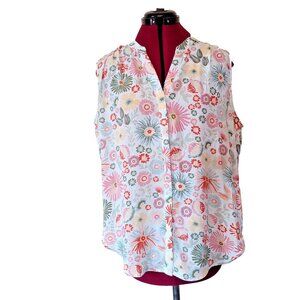 Grace Blouse XL Sleeveless Floral Print Pintuck Pleated Curved Hem